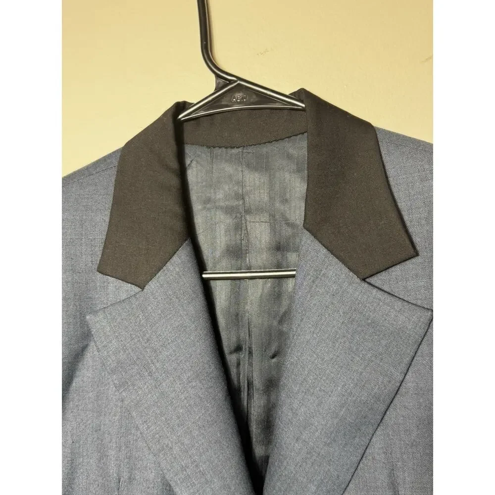 Vintage 80s Blue Blazer Contrast Black Collar Cuffs Montalvo Tailored Unisex M